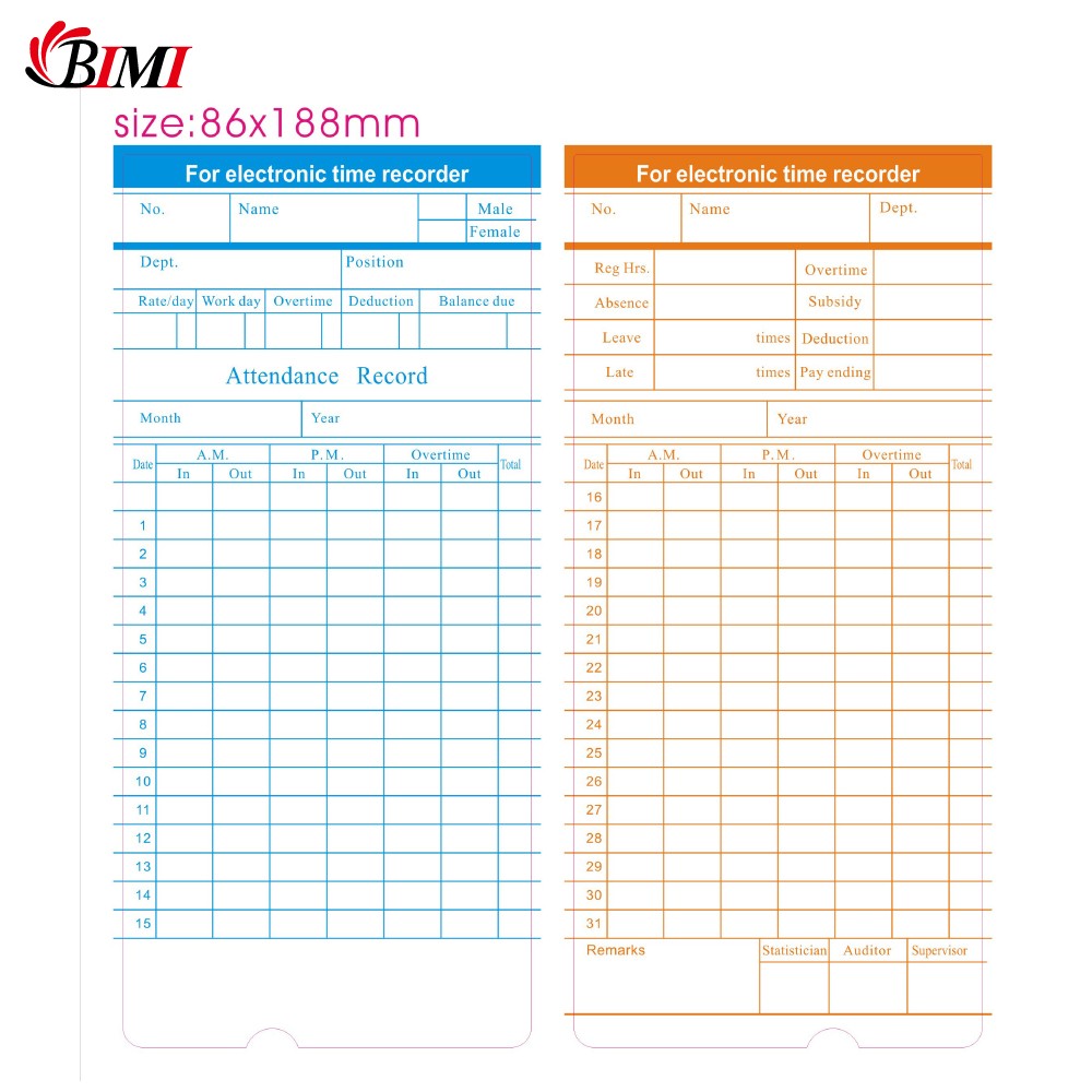 The attendance time card for time recorder/time recording